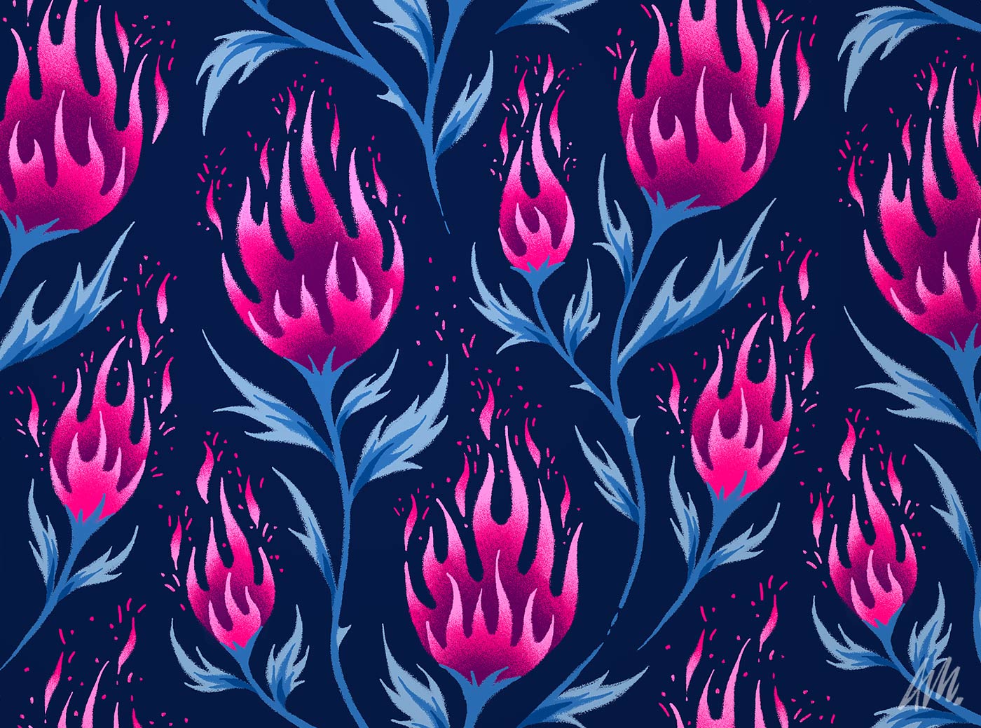 Fire flower, floral pattern illustration dark pink by Andrea Muller