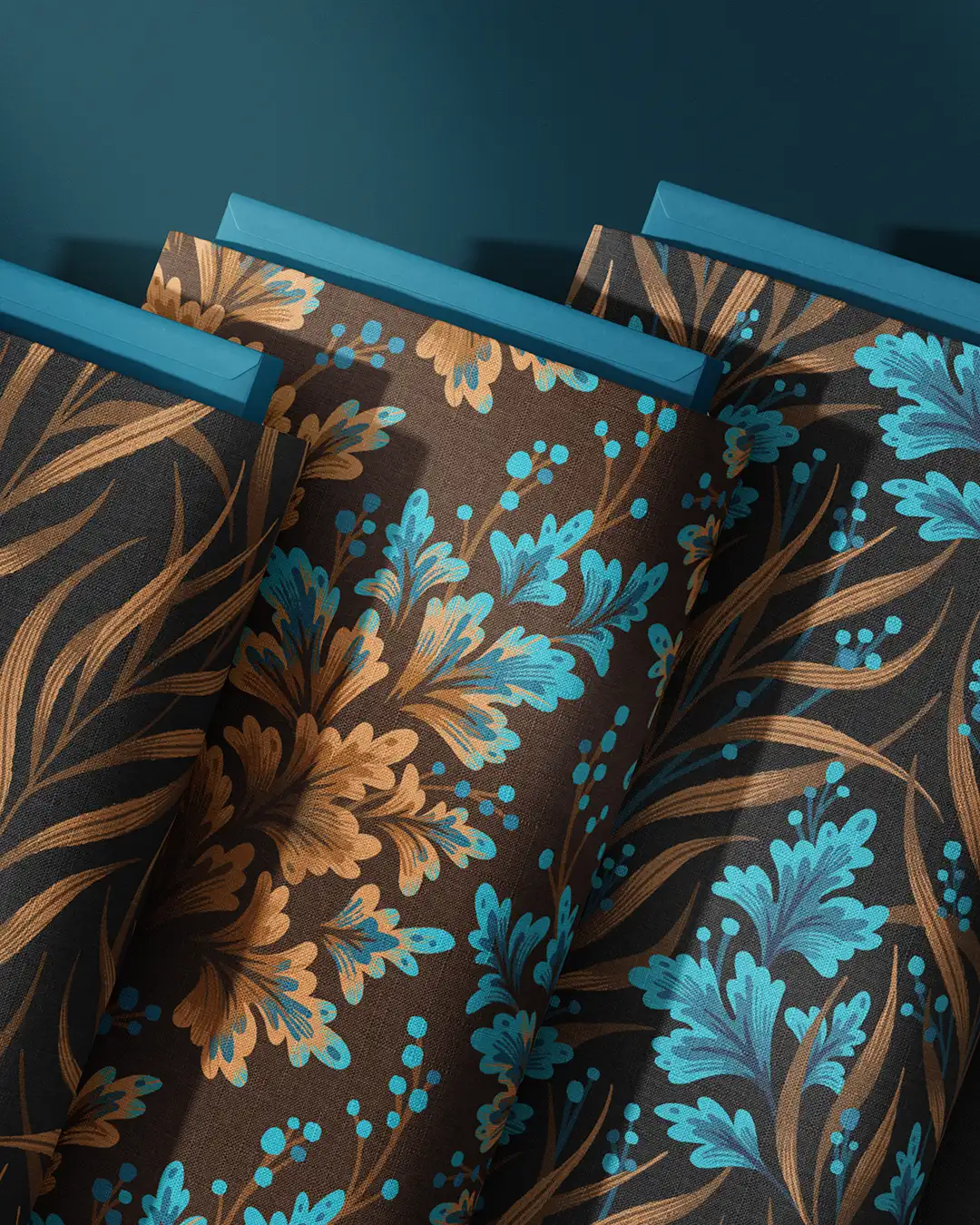 Retro scalloped frilly leaf foliage pattern brown and blue fabric bolts by Andrea Muller