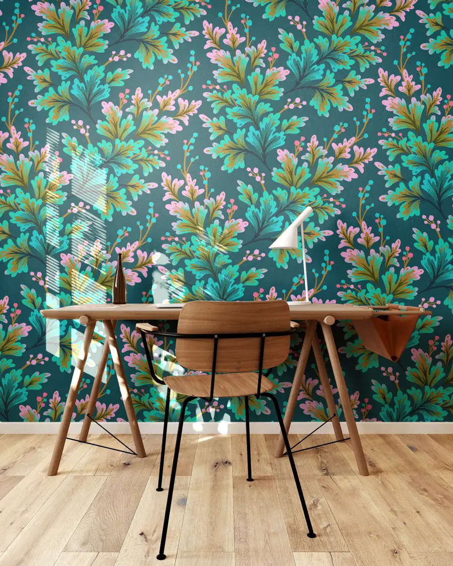 Bright green, pink and teal scalloped edge leafy foliage wallpaper pattern by Andrea Muller