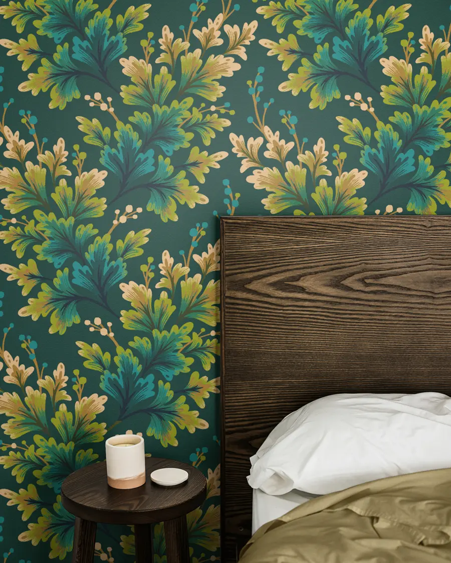 Vibrant green scalloped edge frilly leafy foliage wallpaper by Andrea Muller