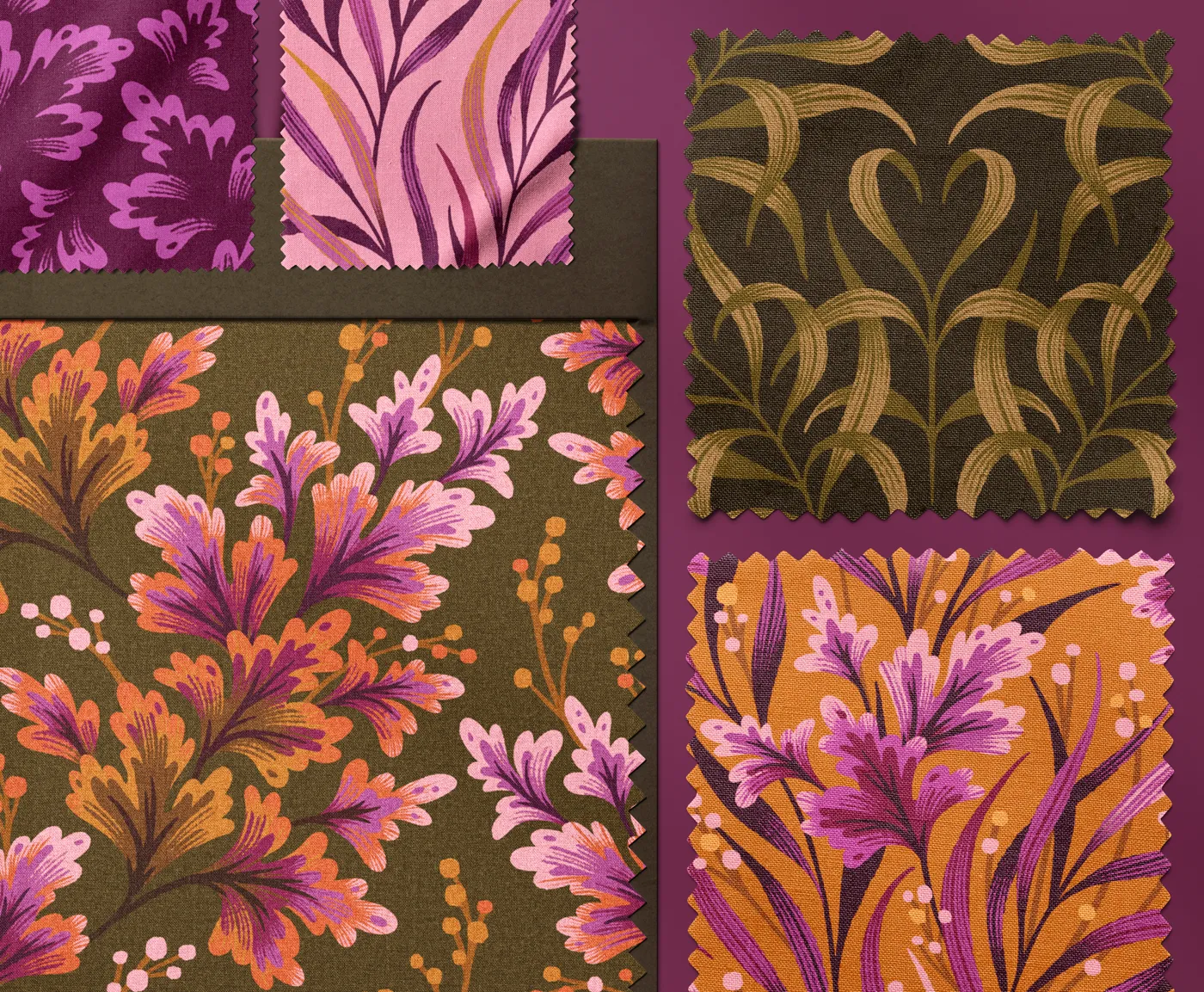Orange, purple and olive green foliage pattern fabric swatches collection by Andrea Muller