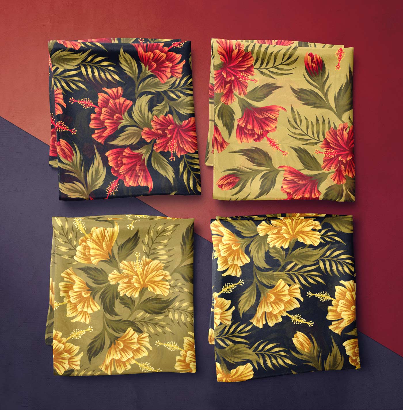 Four colours of hibiscus fabric prints on chiffon by Andrea Muller