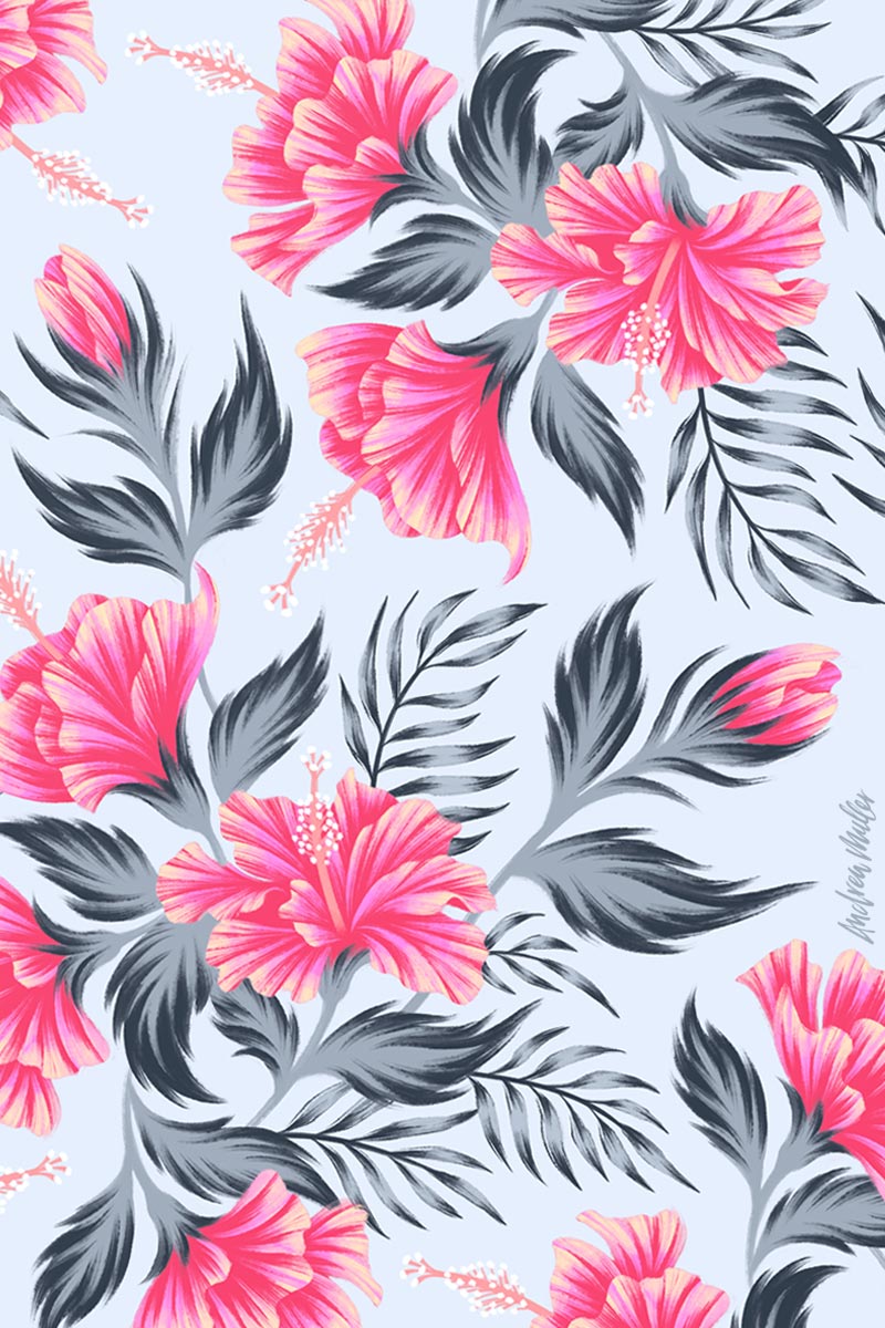 Tropical pink hibiscus flowers pattern illustration by Andrea Muller