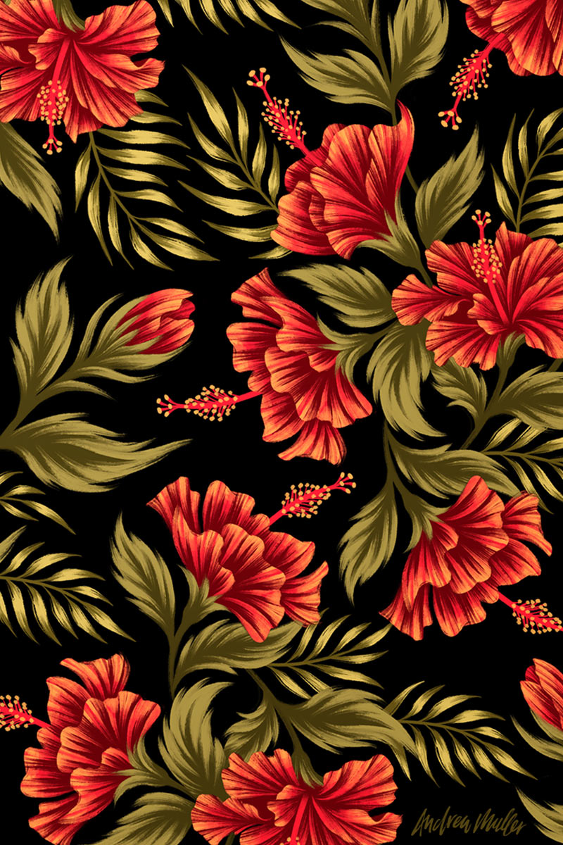 Tropical red hibiscus floral pattern illustration on black by Andrea Muller