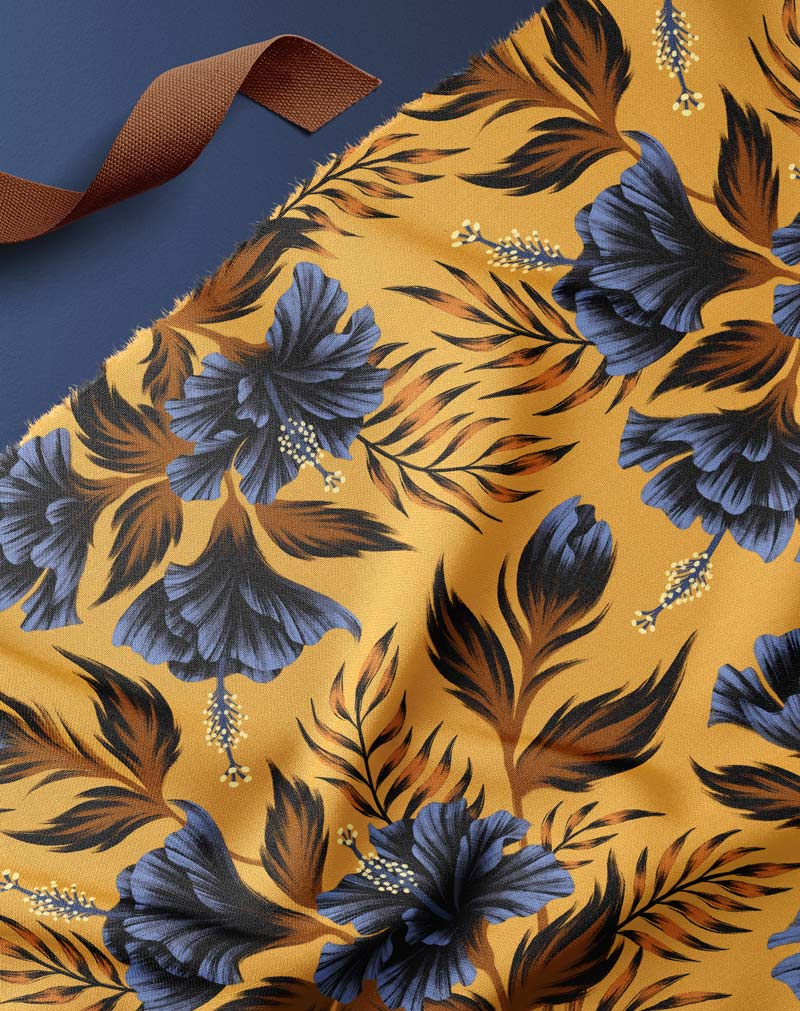 Hibiscus floral navy and mustard fabric by Andrea Muller
