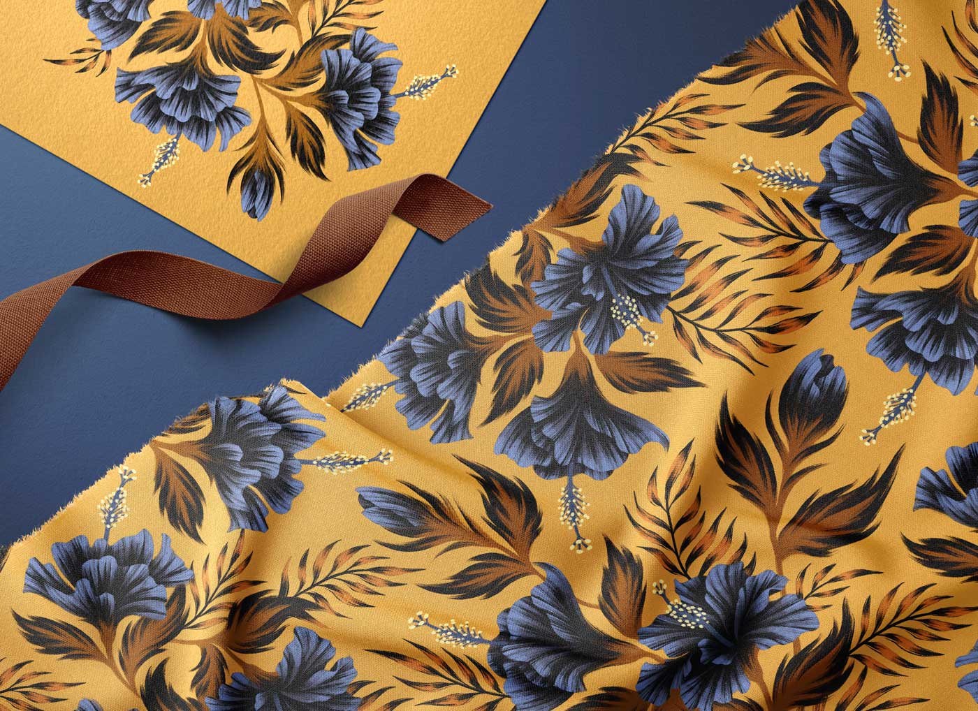 Hibiscus floral navy and mustard fabric with art print by Andrea Muller
