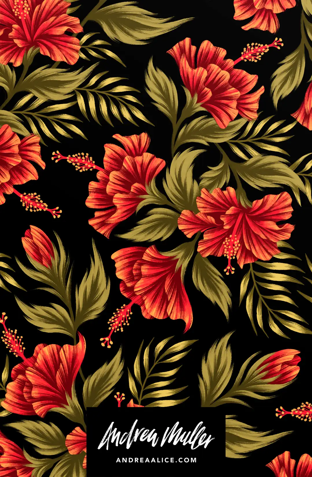 Tropical red hibiscus floral pattern illustration on black by Andrea Muller