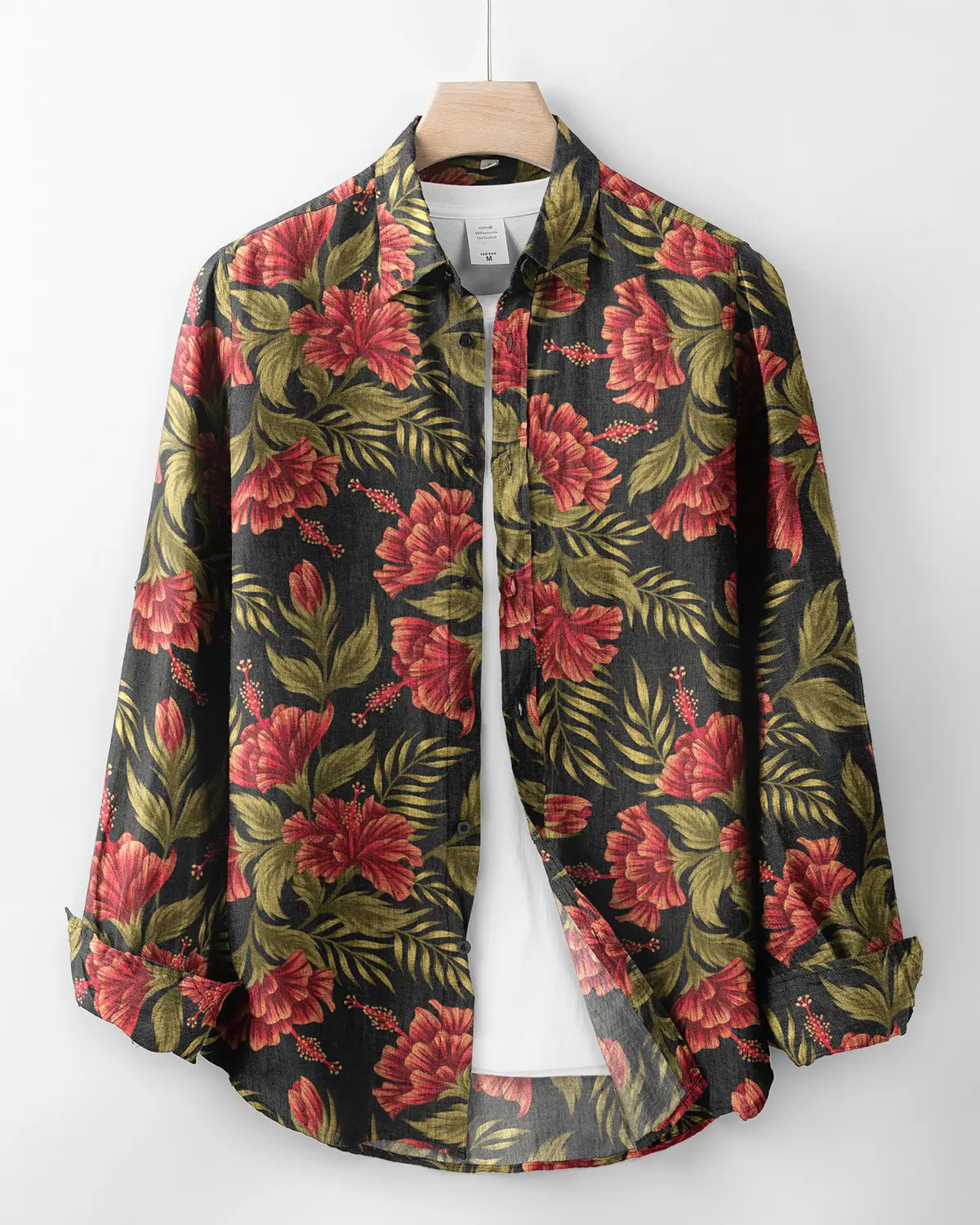 Men's tropical hawaiian shirt with red hibiscus pattern designed by Andrea Muller