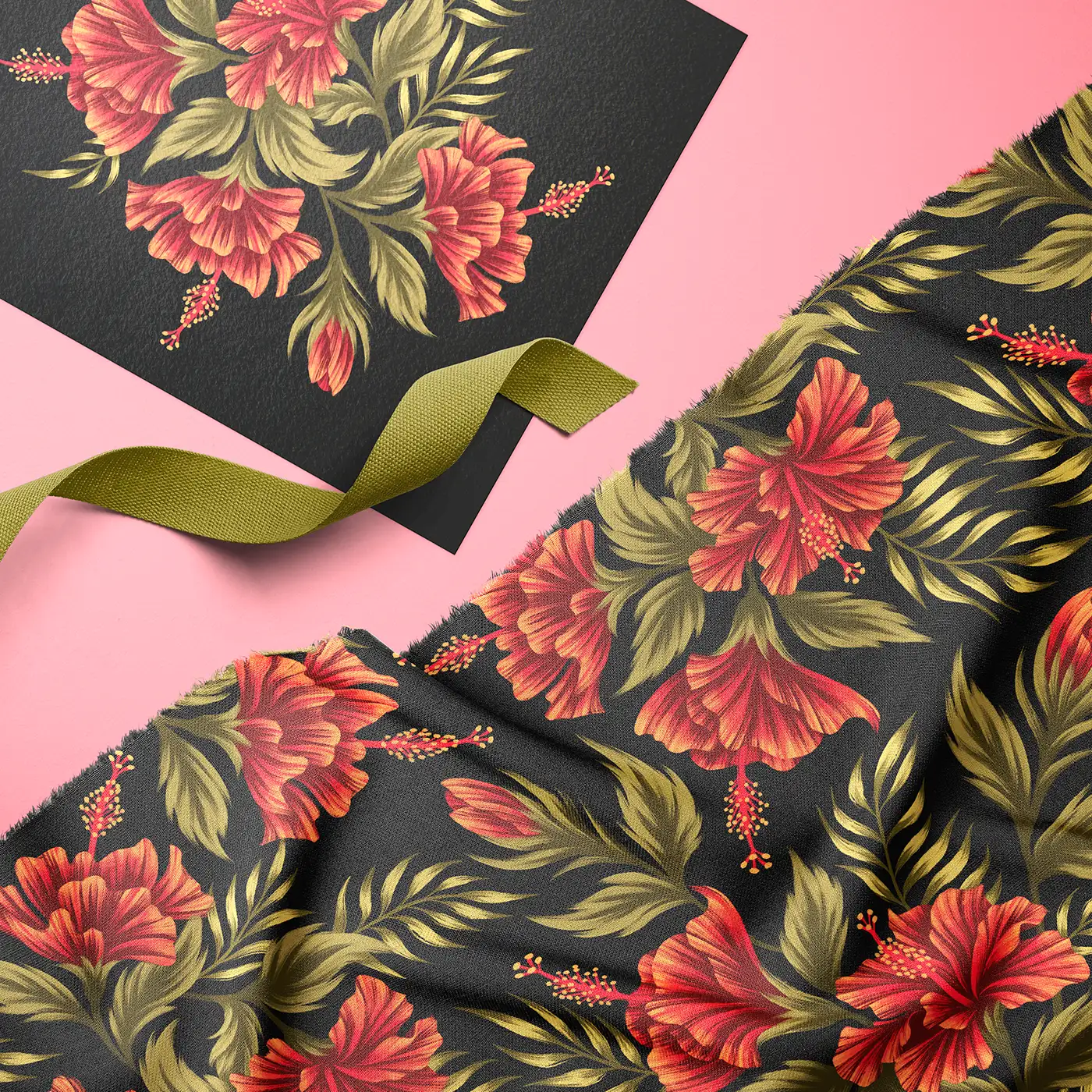 Hibiscus floral red and black fabric with art print by Andrea Muller