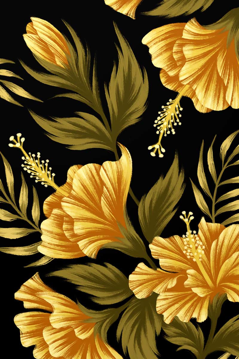Yellow Hibiscus flowers painting on black background by Andrea Muller