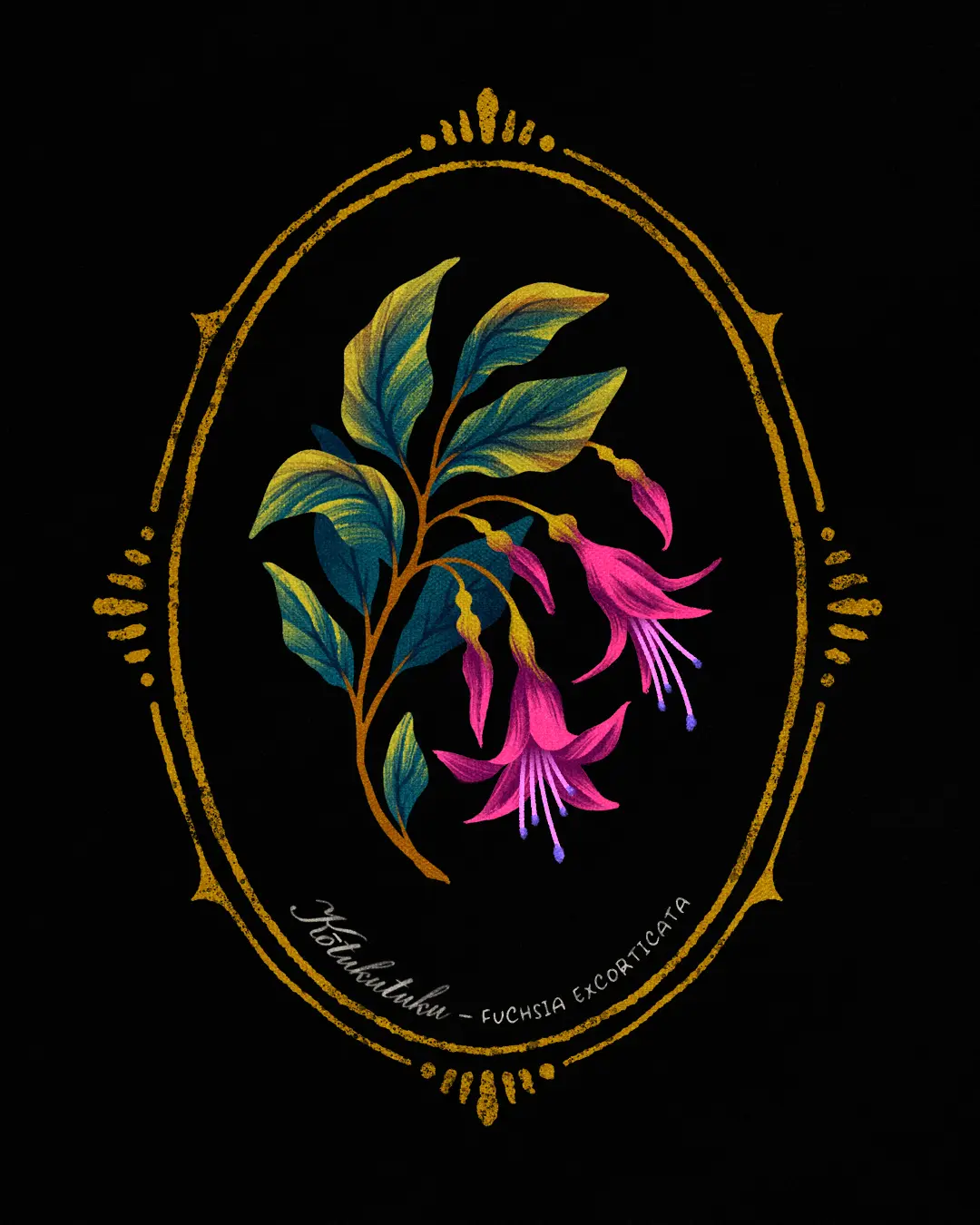 Kotukutuku fuchsia NZ native floral oval cameo illustration by Andrea Muller