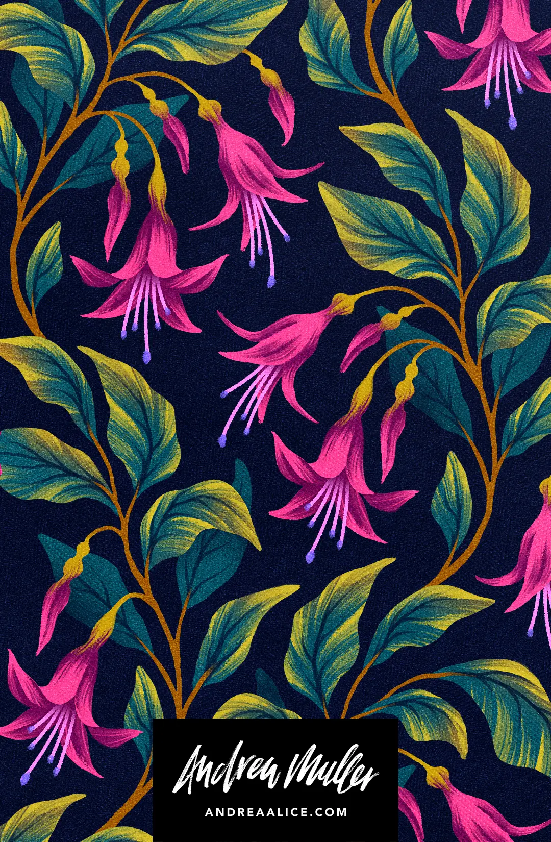 New Zealand Kotukutuku native flower tree fuchsia pattern illustration by Andrea Muller