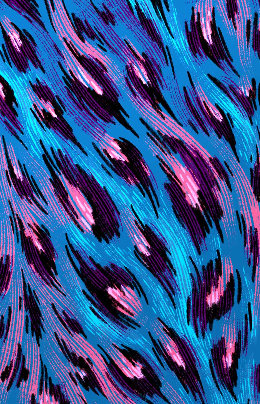 Blue and pink hand drawn textured leopard fur pattern by Andrea Muller