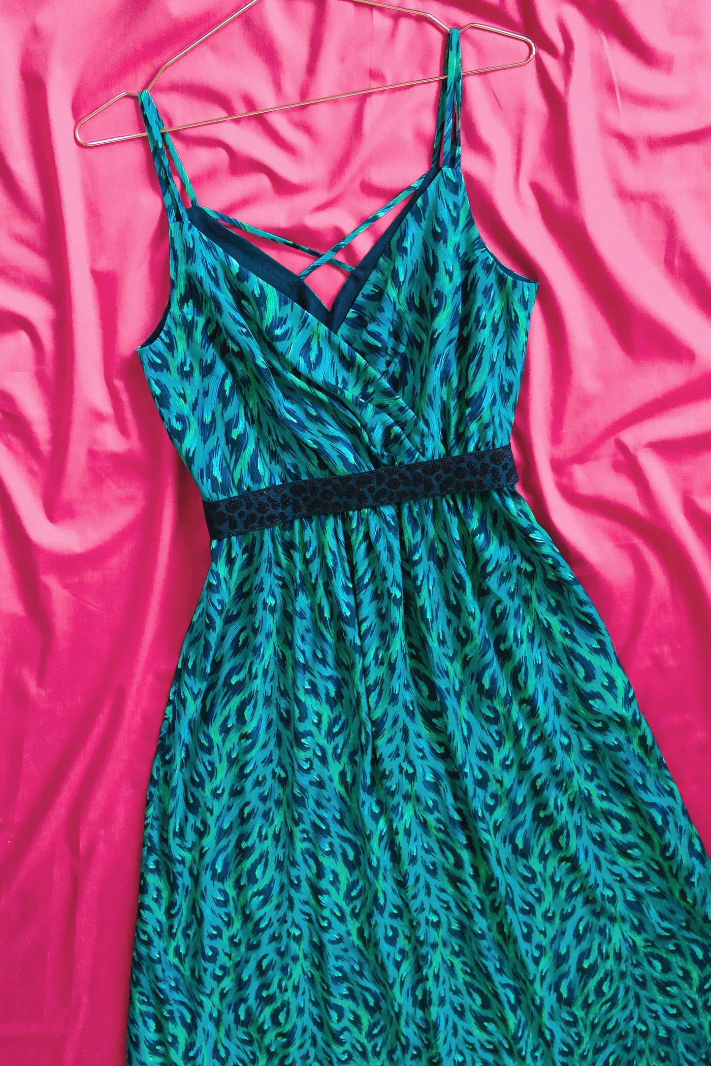 Teal leopard print wrap dress by Andrea Muller