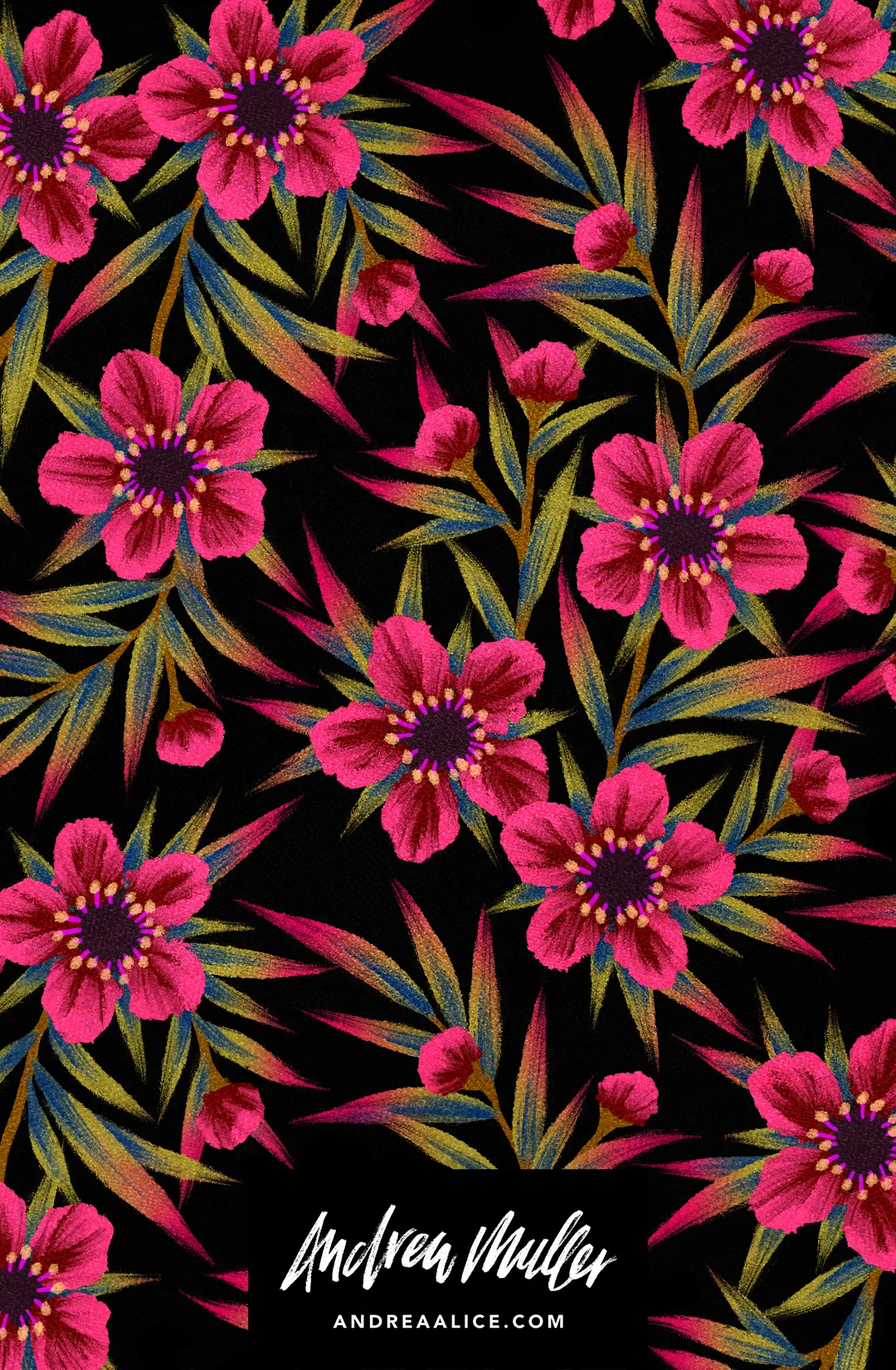 Hand-painted Manuka floral illustrated repeating pattern by Andrea Muller