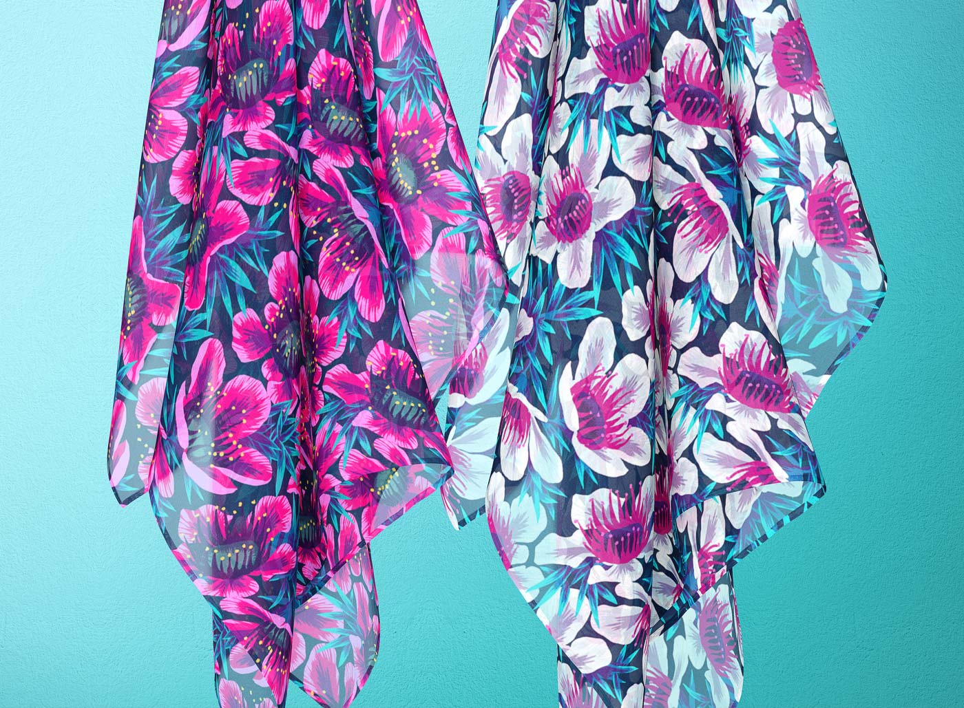 Manuka floral pattern chiffon scarfs by Andrea Muller