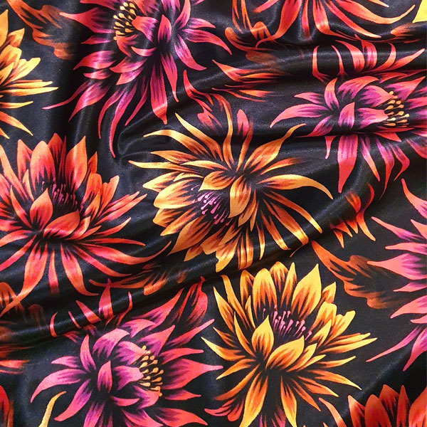 Purple, Orange and yellow bold floral print satin fabric by Andrea Muller