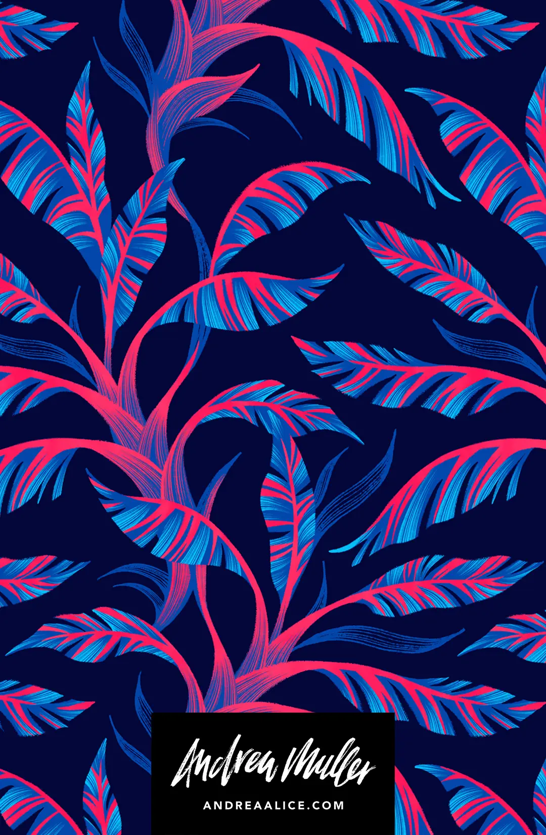 Bright tropical blue and red banana leaf pattern illustration by Andrea Muller