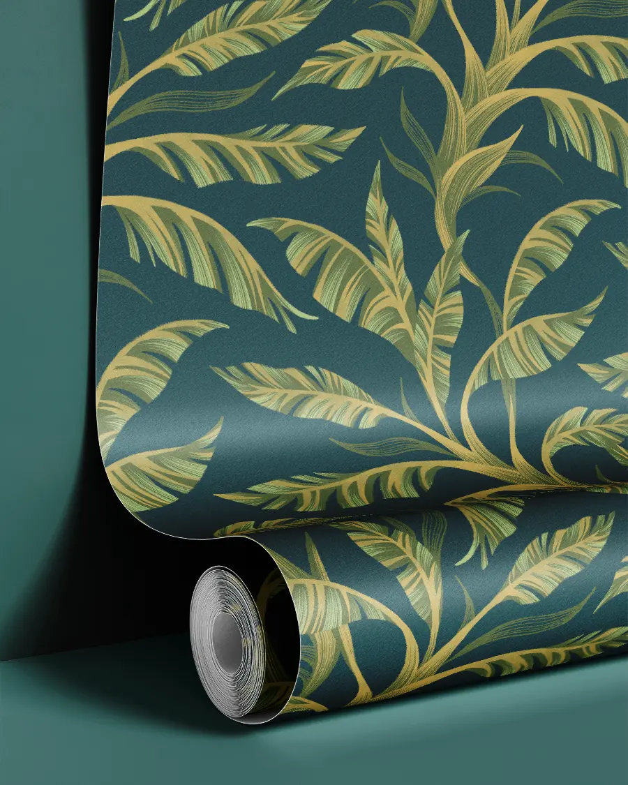 Tropical green banana leaf wallpaper print by Andrea Muller