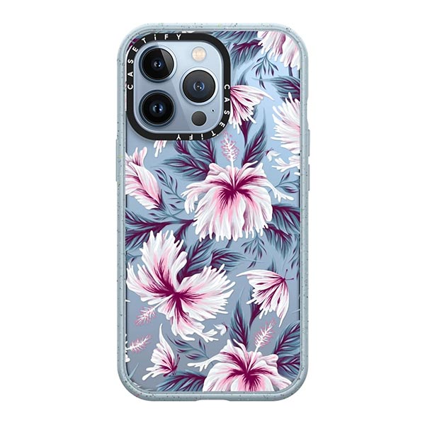Light blue and pink tropical hibiscus flowers butterfly phone case by Andrea Muller
