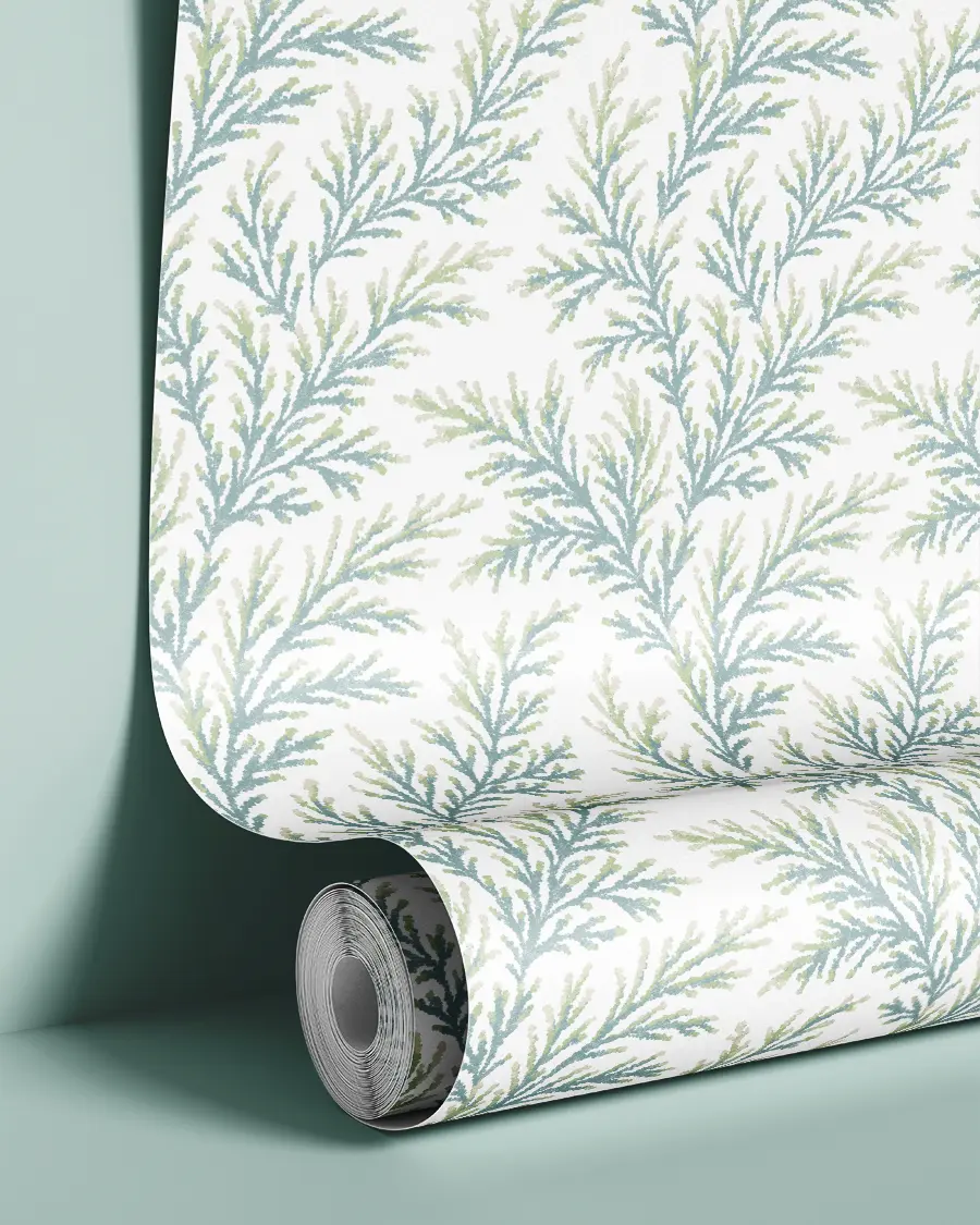Vintage pine tree green foliage on white wallpaper by Andrea Muller
