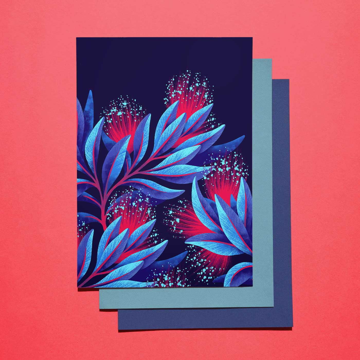 Pohutukawa floral art print red and blue by Andrea Muller
