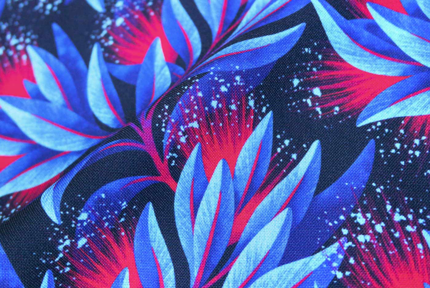 Pohutukawa floral fabric pattern red and blue by Andrea Muller