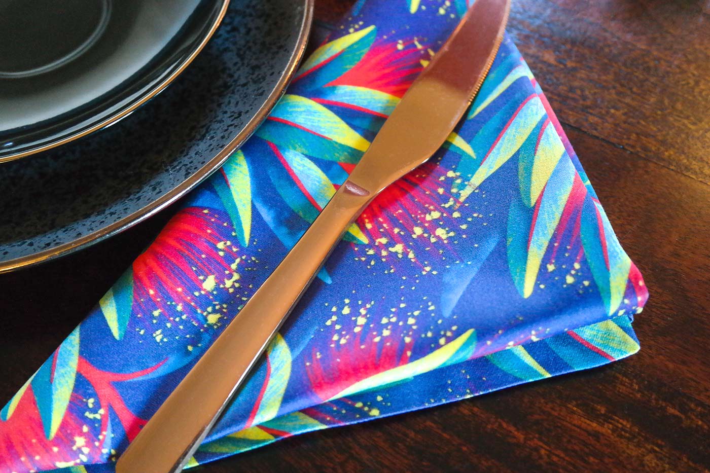Pohutukawa floral dinner napkin Christmas table setting by Andrea Muller