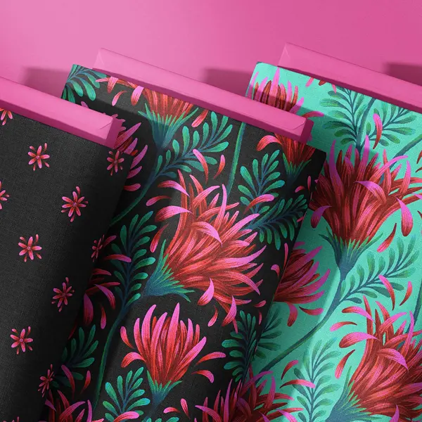 Pink and green daisy floral fabrics by Andrea Muller
