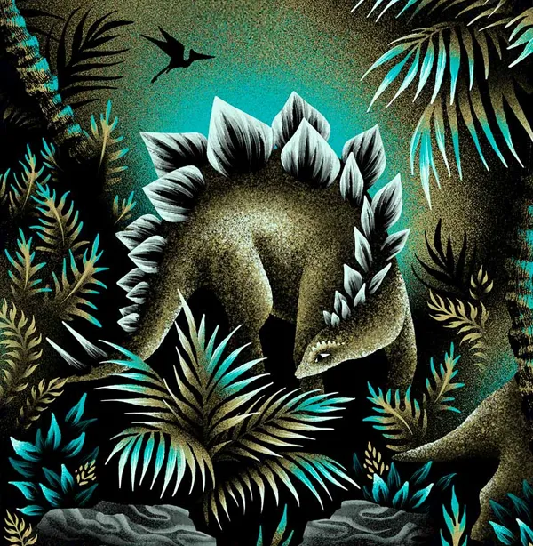 Stegosaurus illustration with palm trees and fern leaves by Andrea Muller