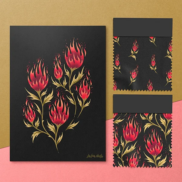Flaming red flower illustration and fabric collection by Andrea Muller