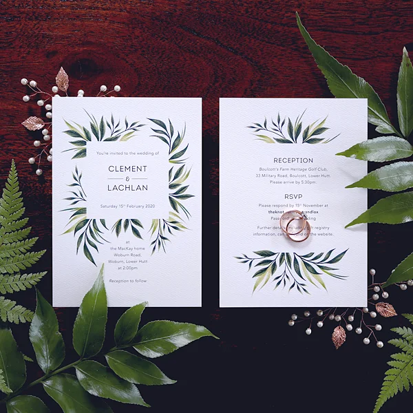 Greenery foliage wedding invitation suite template by Andrea Muller