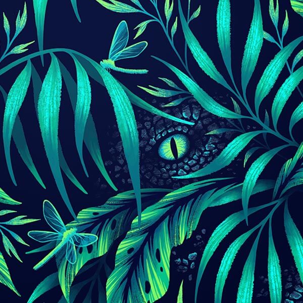 Jurassic Jungle tropical palm leaf pattern illustration with dinosaurs by Andrea Muller