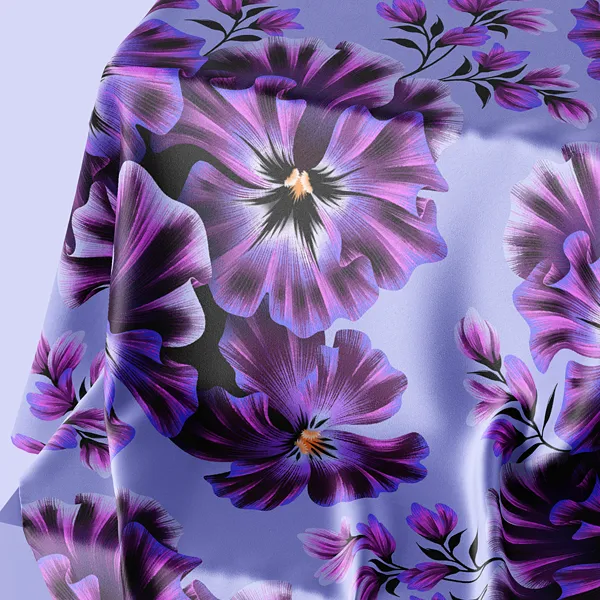 Pansy floral lilac silk fabric by Andrea Muller