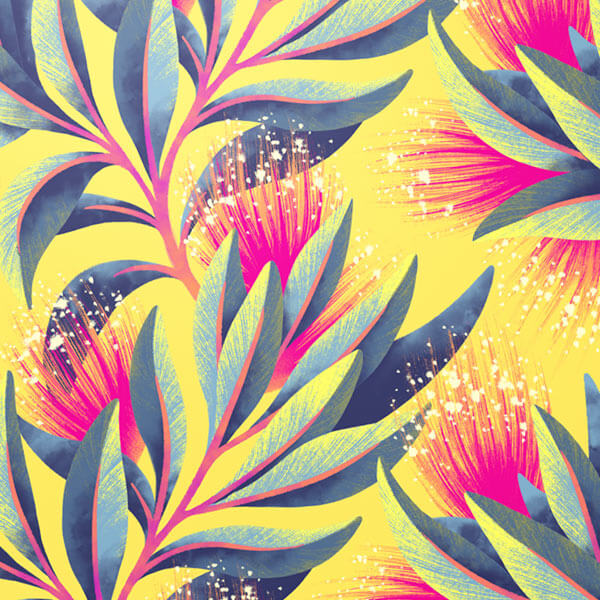 Pohutukawa floral fabric pattern collection by Andrea Muller
