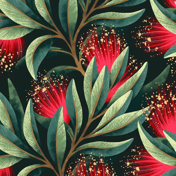 New Zealand native Pohutukawa floral fabric pattern illustration by Andrea Muller