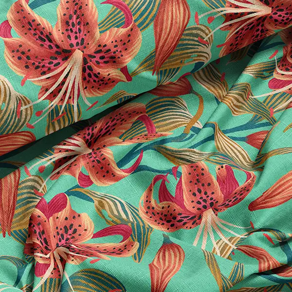 Tiger Lily on teal background fabric design by Andrea Muller