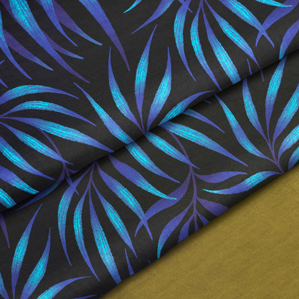 Tropical blue palm leaf print fabric by Andrea Muller