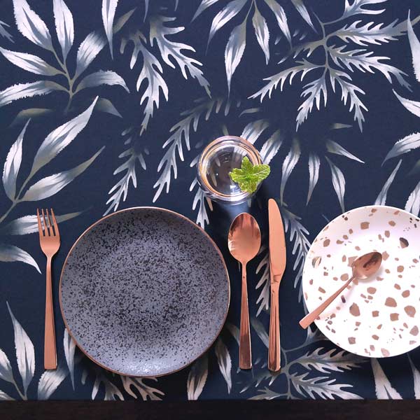 Black and grey fern leaf pattern tablecloth by Andrea Muller