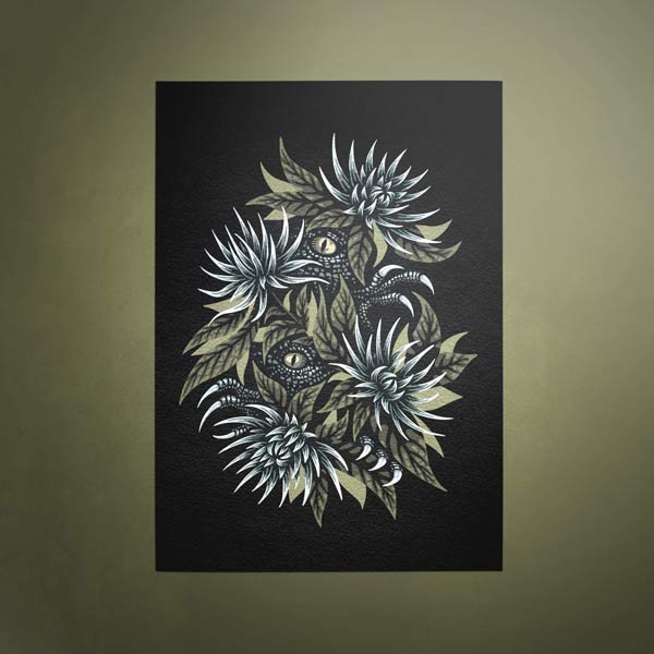 Black and dark green floral with dinosaurs artwork poster by Andrea Muller