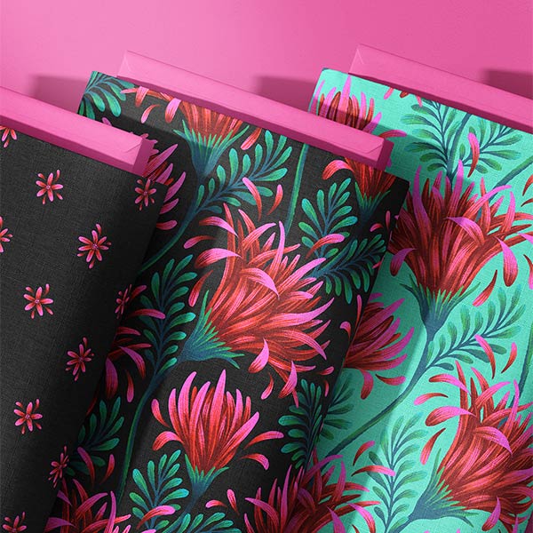 Pink and Green Daisy floral fabric collection by Andrea Muller