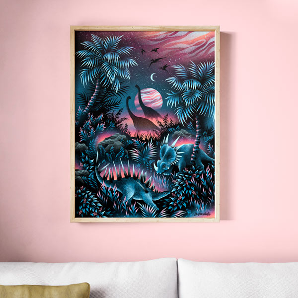 Dinosaur Lagoon blue and pink art print illustration by Andrea Muller
