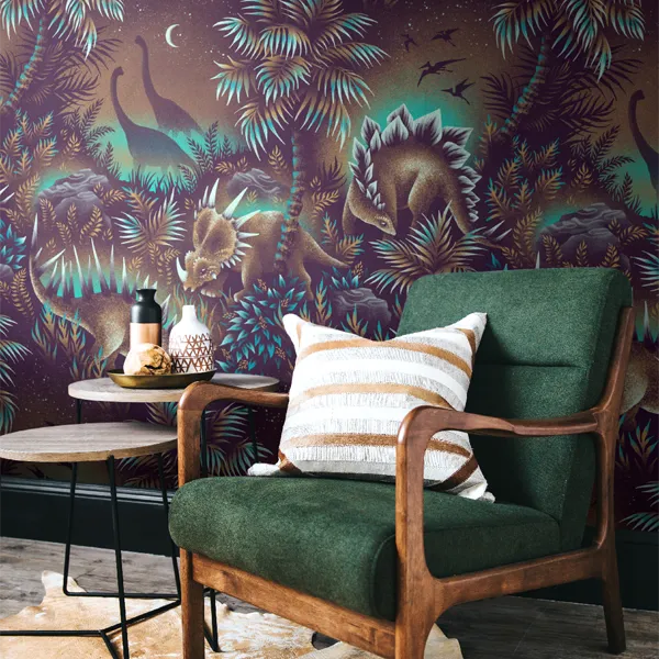 Children's bedroom dinosaur tropical jungle wallpaper by Andrea Muller