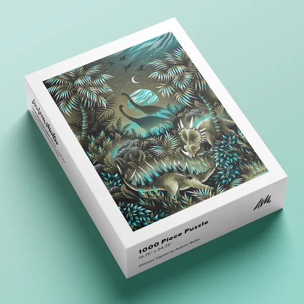 Dinosaur Lagoon tropical illustrated jigsaw puzzle by Andrea Muller