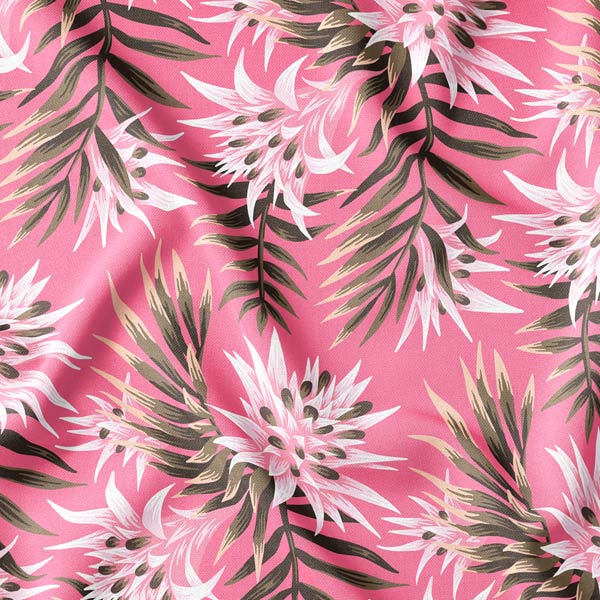 Aechmea Fasciata tropical pink floral print fabric by Andrea Muller
