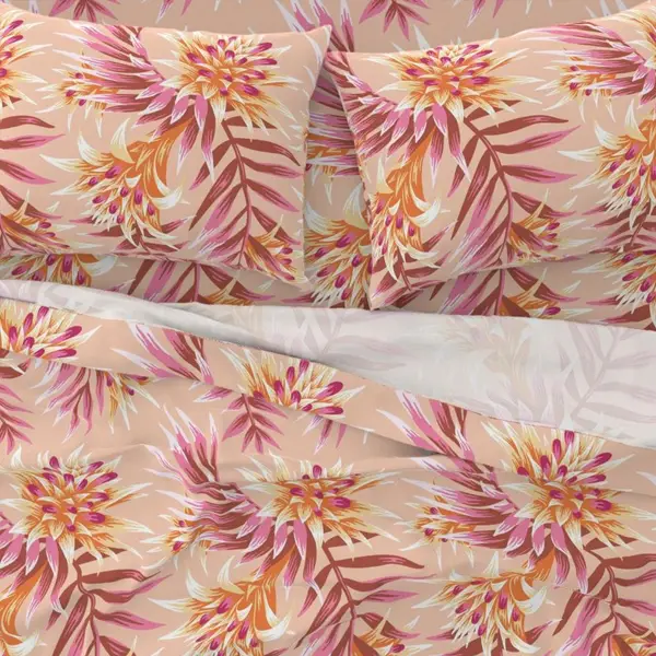 Aechmea Fasciata tropical floral pattern light peach bedding sheet set by Andrea Muller