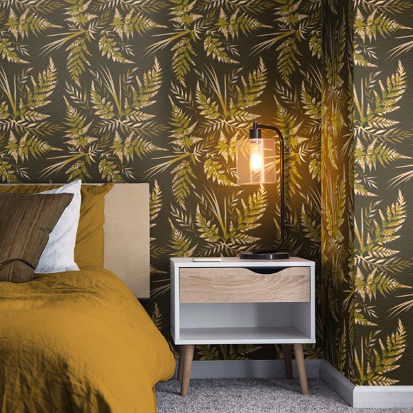 Green fern leaves pattern bedroom wallpaper by Andrea Muller