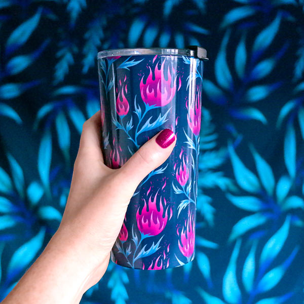 Fire flower floral insulated travel thermos mug by Andrea Muller