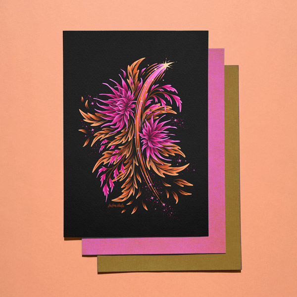 Floral supernova shooting start pink and orange art print by Andrea Muller