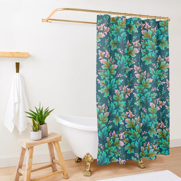 Emerald green leafy foliage pattern shower curtain by Andrea Muller